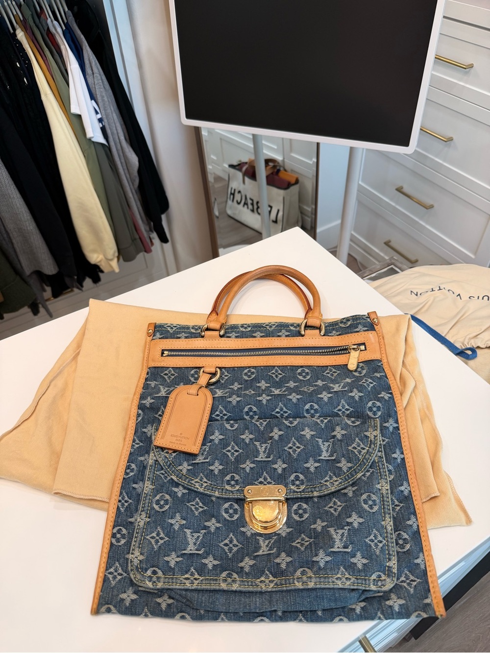Louis Vuitton Blue Monogram Denim Tote with Natural Leather Trim